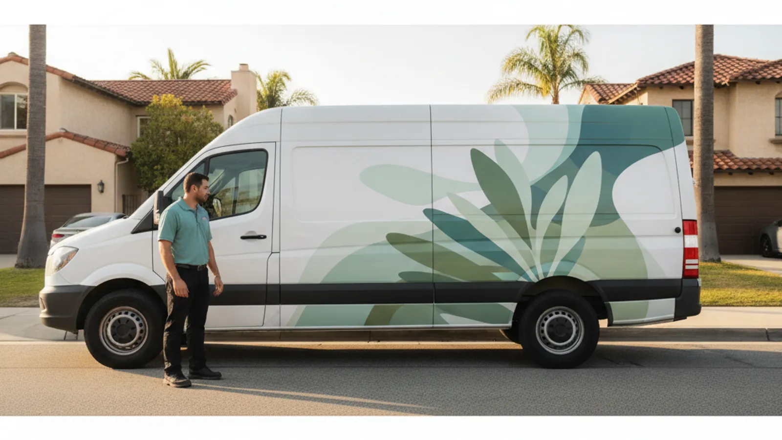 A commercial van with an abstract vinyl graphic