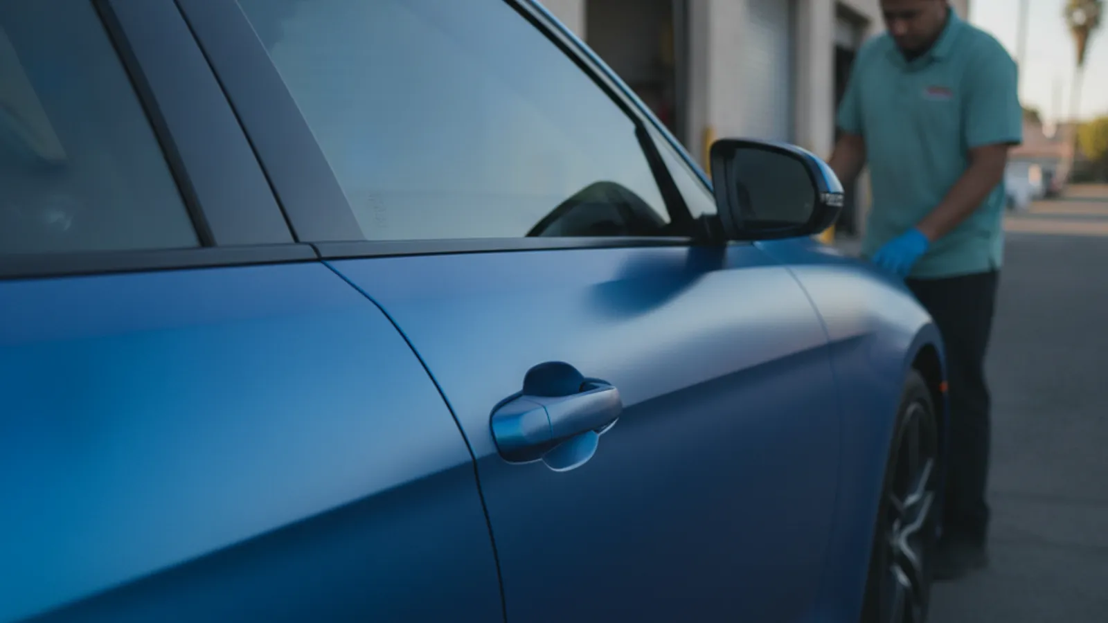 Solid color vinyl covering the side of a sedan