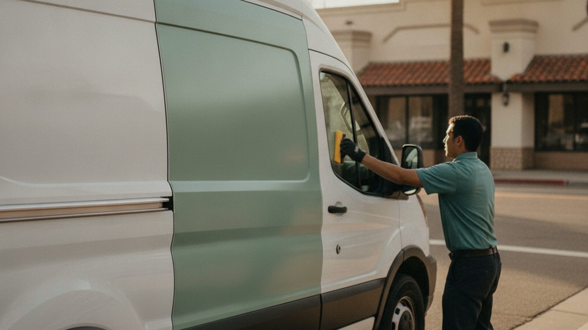 A work van in San Diego daylight, the kind of vehicle a wrap installer measures before quoting vinyl