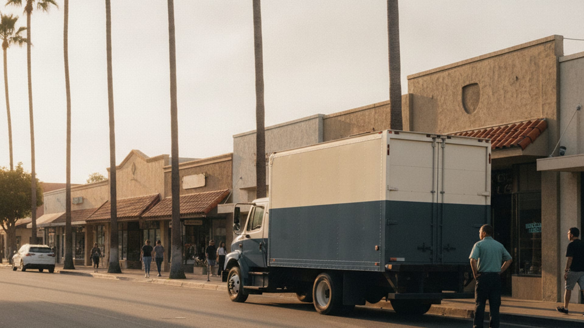 San Diego County streets with storefronts and work vehicles