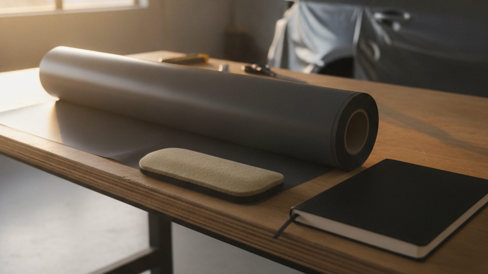 Vinyl film, a squeegee, and a blank notebook on a shop bench