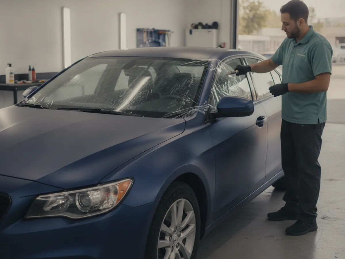 Sheet of colored vinyl film held against a vehicle door